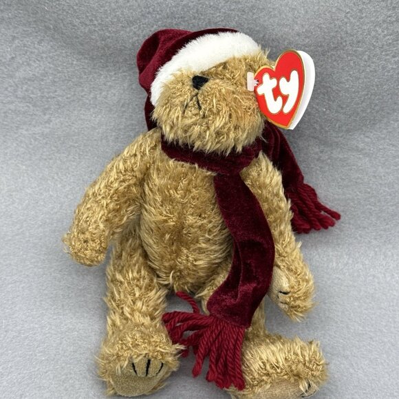 Ty Other - Jangle Fuzzy Brown Bear Attic Treasures Red Velvet Scarf Hat Bell TY Posable 8"